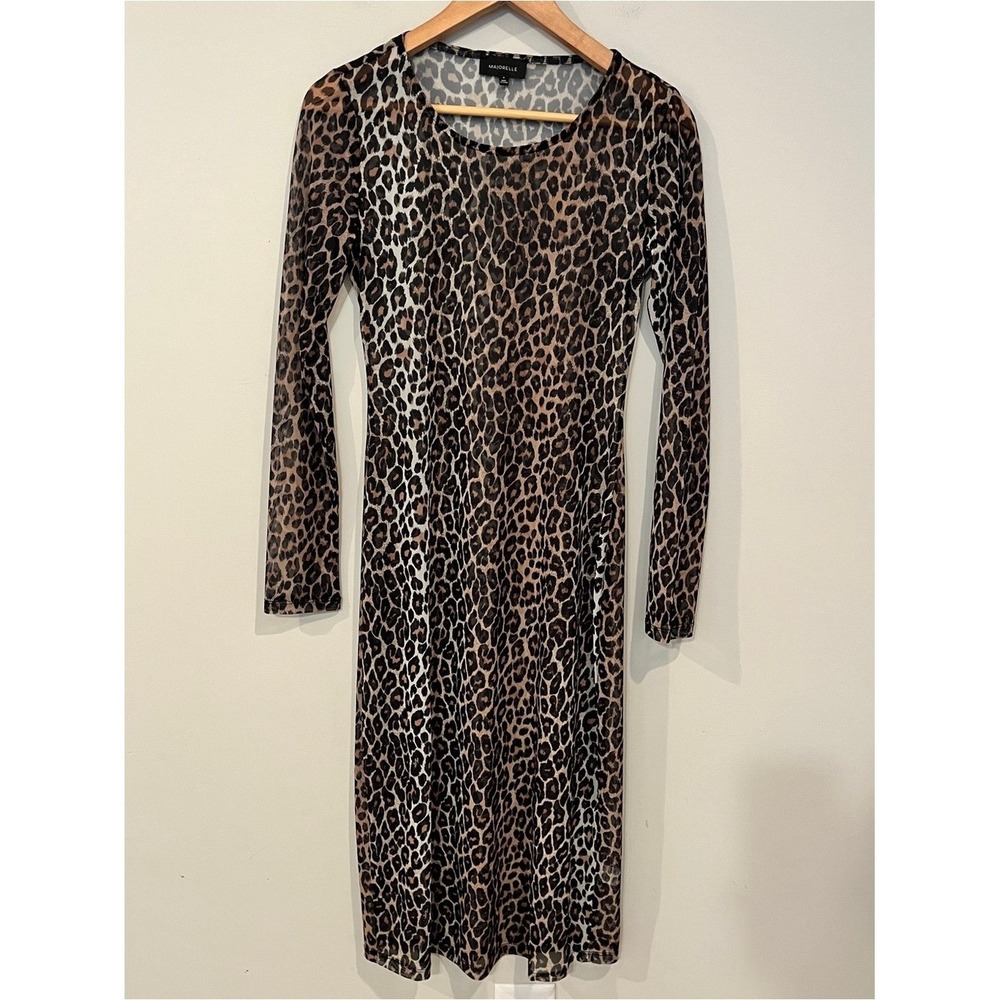 Majorelle Leopard Print Mesh Midi Dress Animal Print Brown M Long Sleeve Sheer